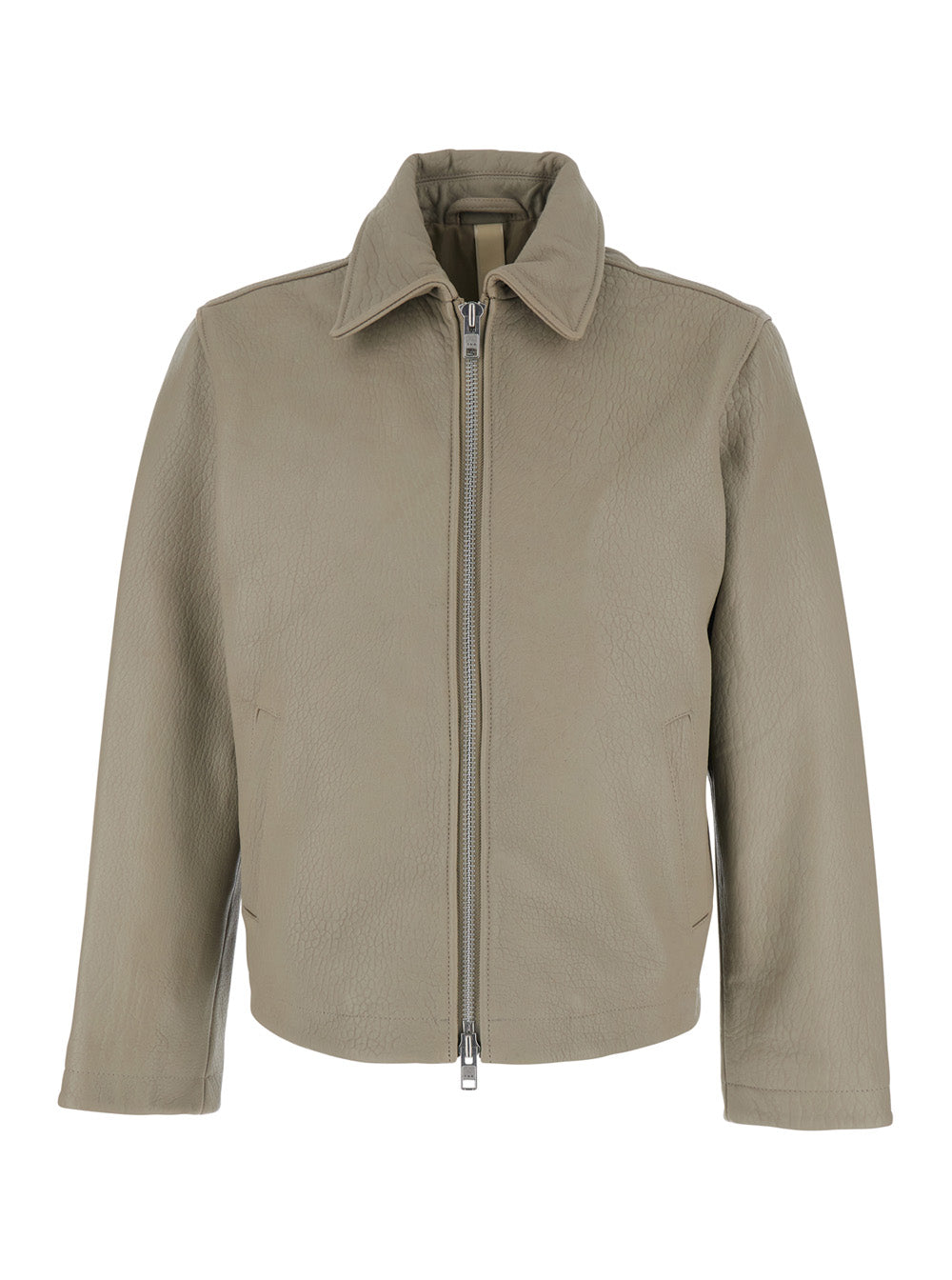 Beige Leather Crop Jacket with Classic Collar and Dropped Shoulders for Men Outerwear