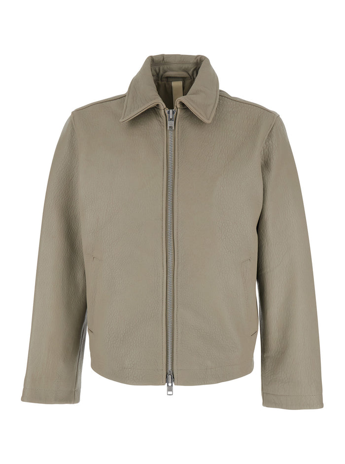 Beige Leather Crop Jacket with Classic Collar and Dropped Shoulders for Men Outerwear