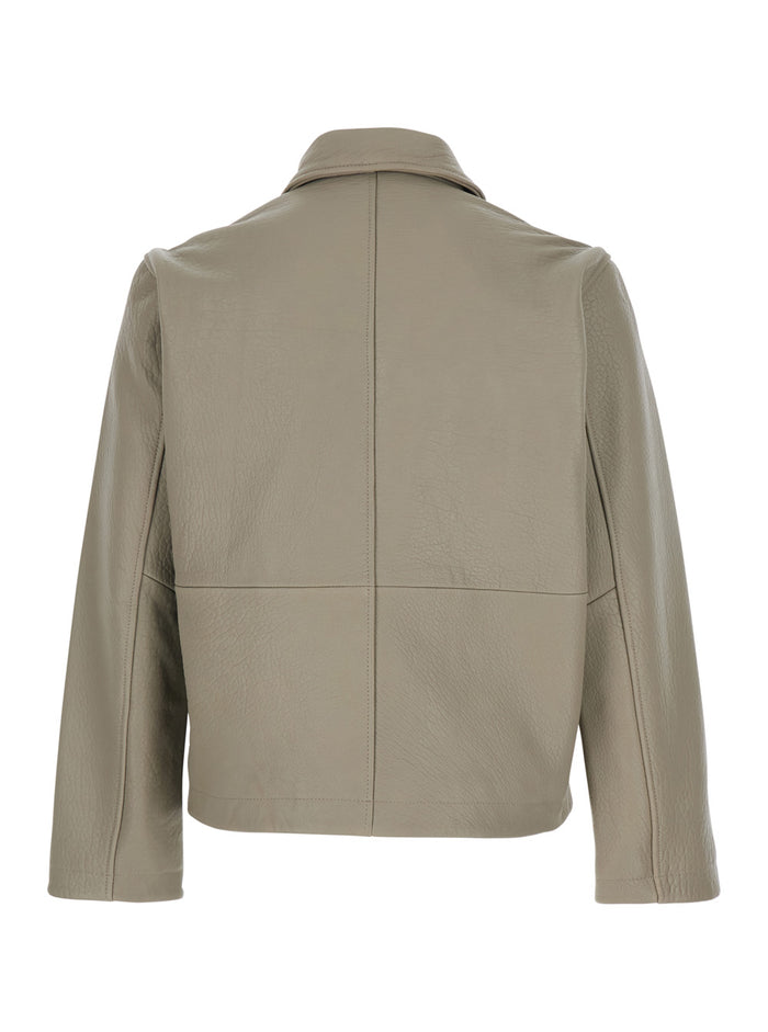 Beige Leather Crop Jacket with Classic Collar and Dropped Shoulders for Men Outerwear