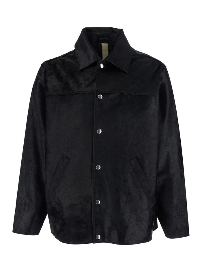 Black Pony Leather Jacket with Wide Collar and Dropped Shoulders for Men Outerwear