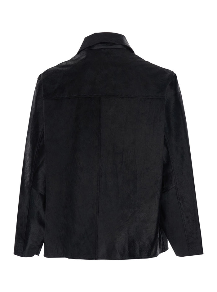 Black Pony Leather Jacket with Wide Collar and Dropped Shoulders for Men Outerwear