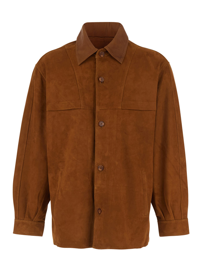 Brown Jacket with Classic Collar and Two Suede Front Pockets for Men Leather Outerwear