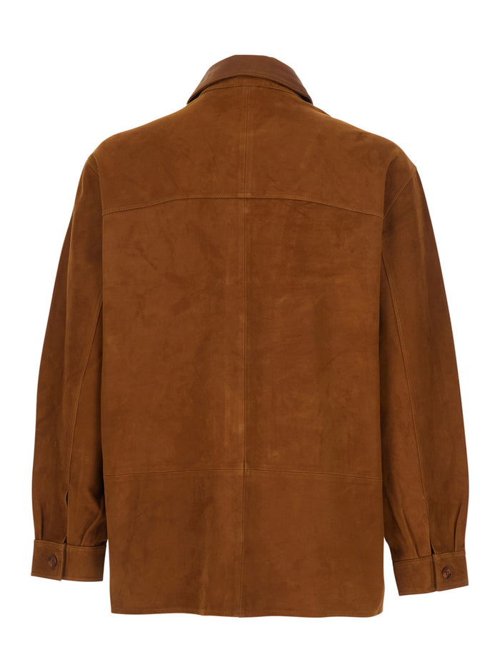 Brown Jacket with Classic Collar and Two Suede Front Pockets for Men Leather Outerwear
