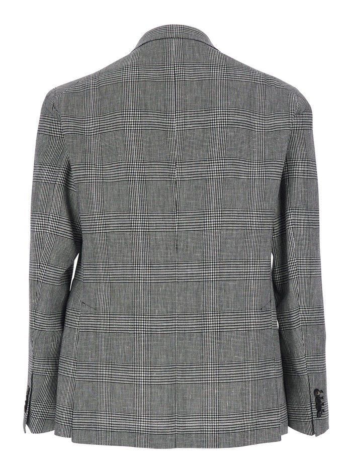 Grey Single-breasted Jacket with Notched Revers and All-Over Houndstooth Motif in Cotton Linen Men Blazers