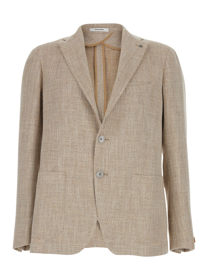 Beige Single-breasted Jacket with Notched Revers in Wool for Men Blazers