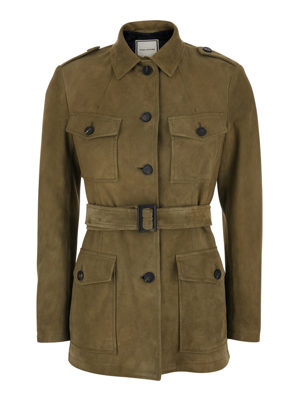 Single-breasted jacket with classic collar and green leather belt for women Lamb Blazers