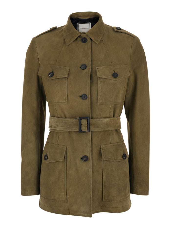 Single-breasted jacket with classic collar and green leather belt for women Lamb Blazers