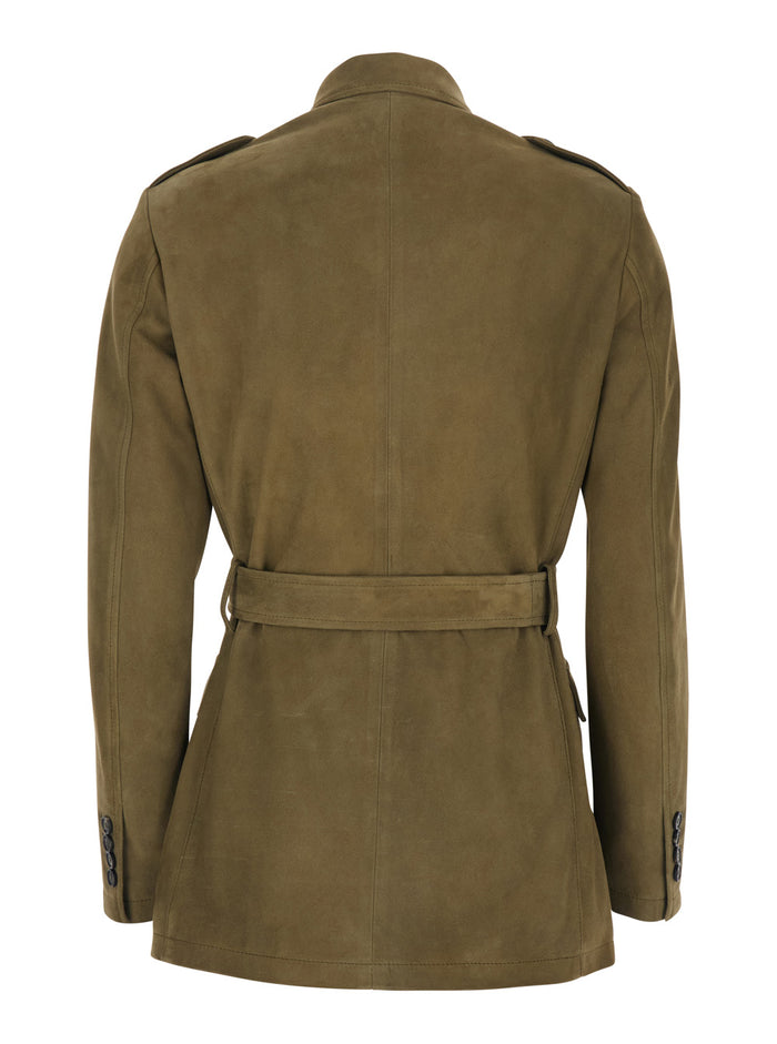 Single-breasted jacket with classic collar and green leather belt for women Lamb Blazers