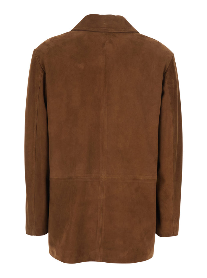 Brown Suede Jacket with Classic Collar and Two Flap Pockets for Women Lamb Blazers