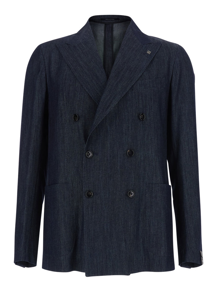 Blue Double-breasted Jacket with Peak Revers in Denim for Men Blu Cotton Blazers