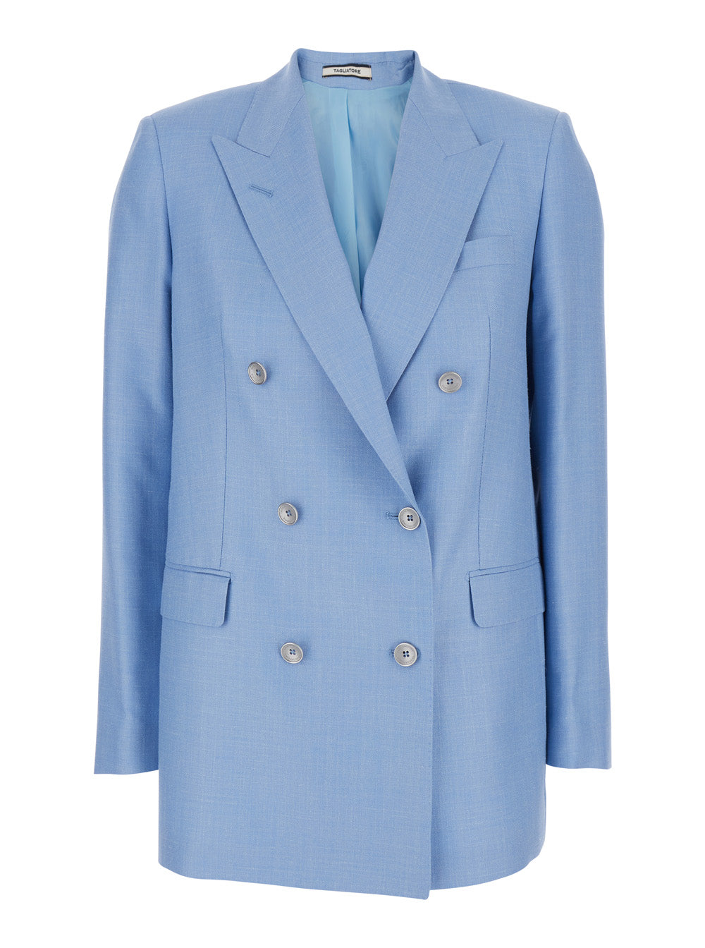 Double-breasted Jasmine Jacket with Peak Revers and Jewel Buttons in Blue Wool Blend for Women Light Virgin Silk Linen Blazers