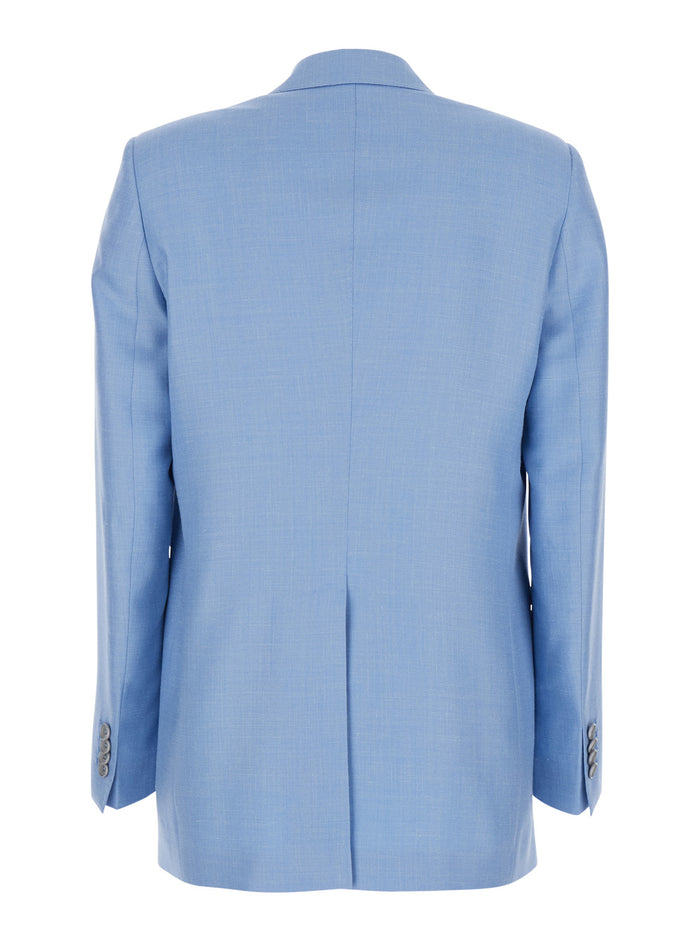 Double-breasted Jasmine Jacket with Peak Revers and Jewel Buttons in Blue Wool Blend for Women Light Virgin Silk Linen Blazers