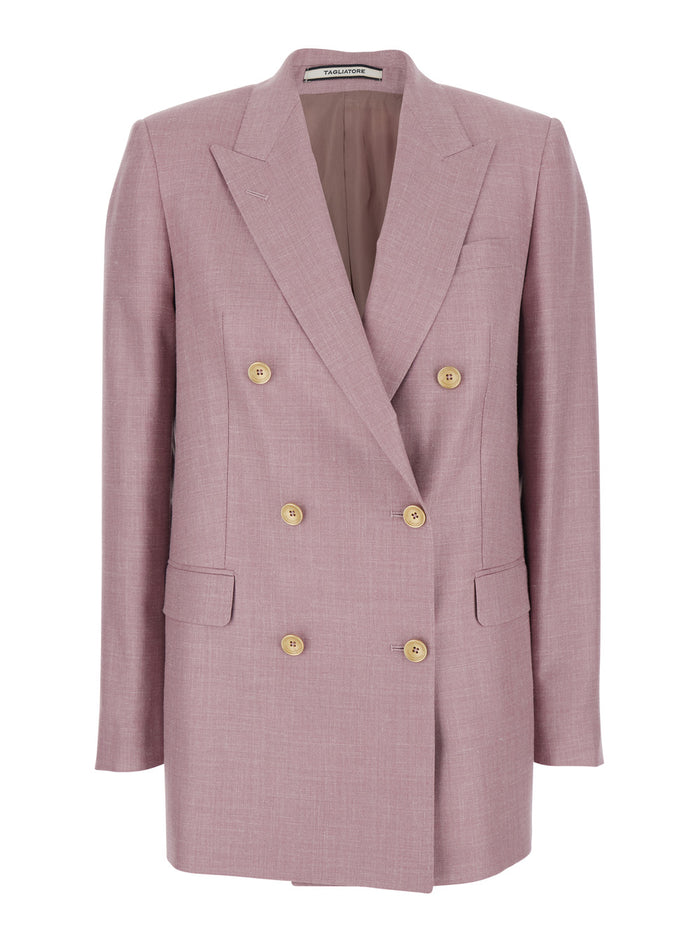 Jasmine Pink Double-breasted Jacket with Peak Revers and Jewel Buttons in Wool Blend for Women Virgin Silk Linen Blazers