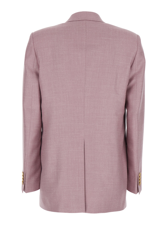 Jasmine Pink Double-breasted Jacket with Peak Revers and Jewel Buttons in Wool Blend for Women Virgin Silk Linen Blazers