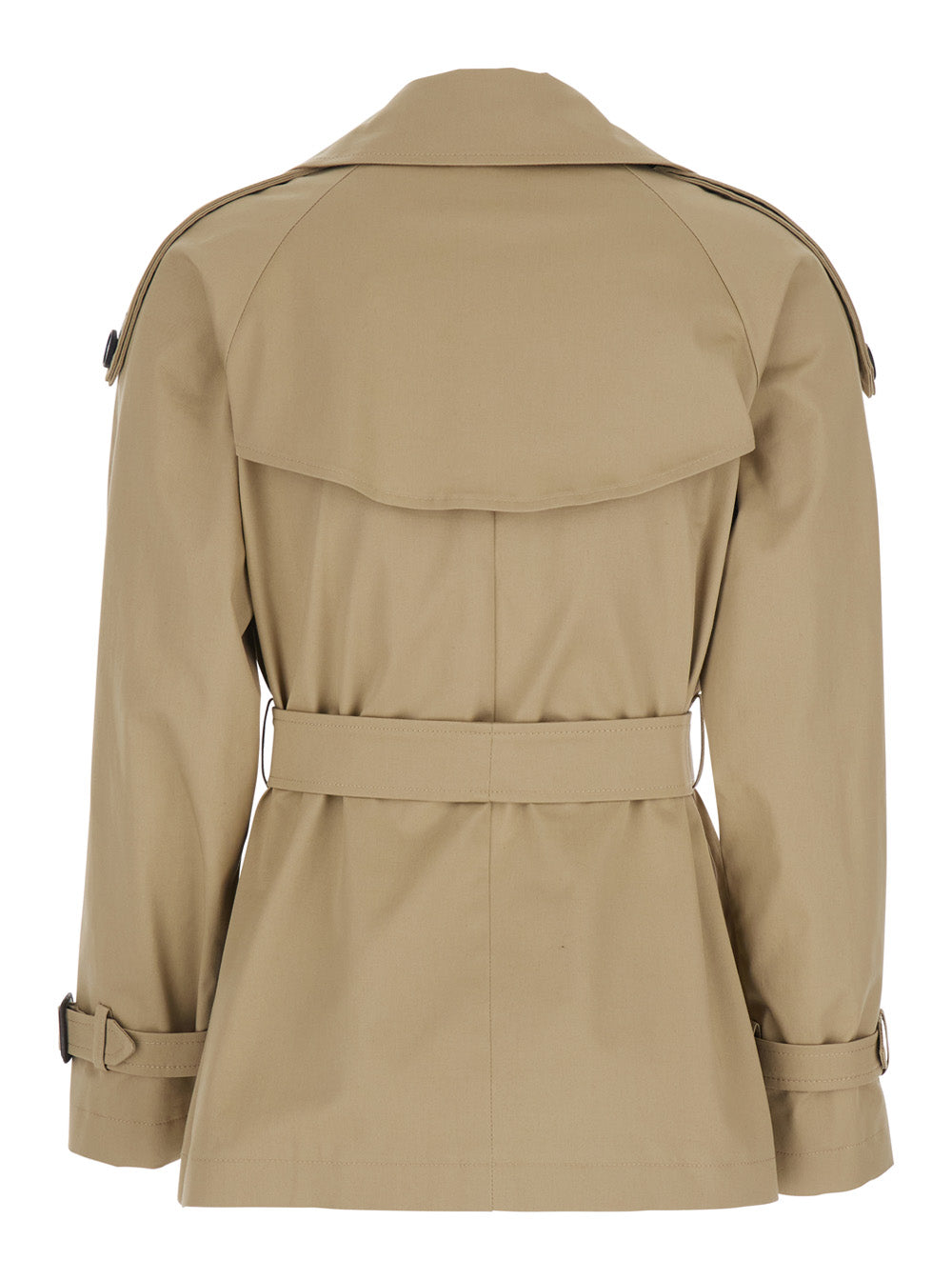 Beige Double-Breasted Short Trench Coat with Wide Notched Revers and Front Belt in Cotton Stretch Woman Elastane Outerwear