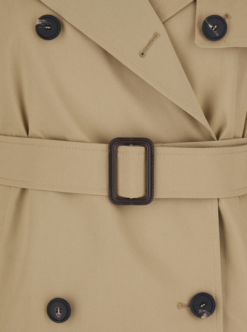 Beige Double-Breasted Short Trench Coat with Wide Notched Revers and Front Belt in Cotton Stretch Woman Elastane Outerwear