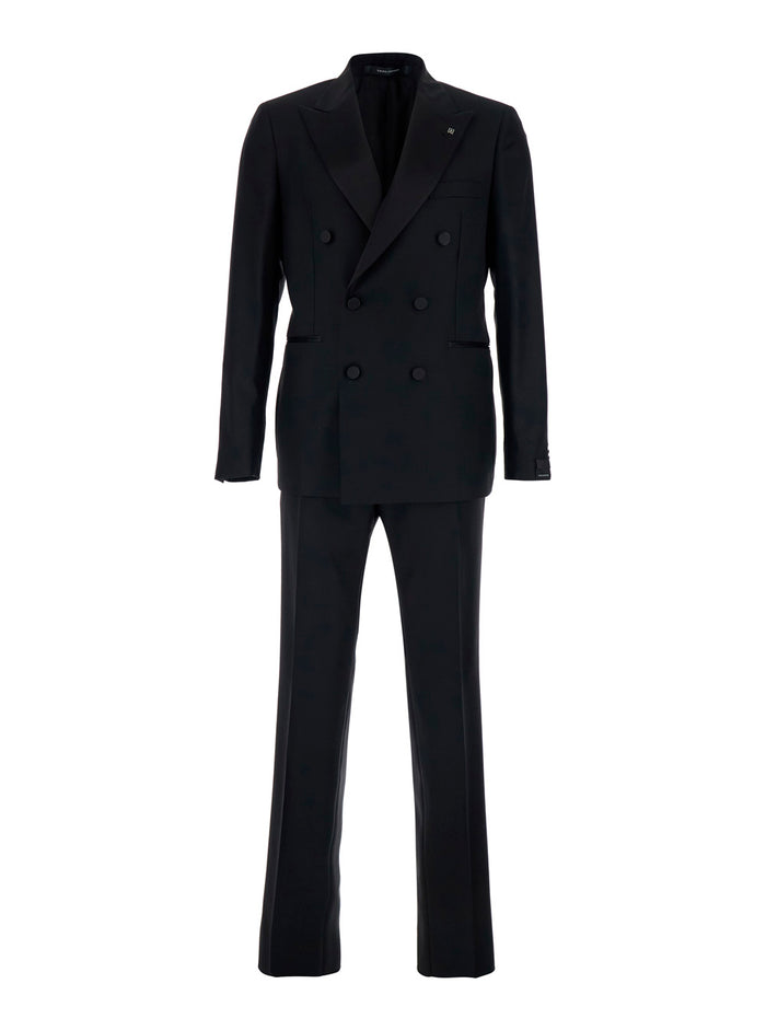 Black Double-breasted Suit with Peak Revers in Wool for Men Virgin Suits