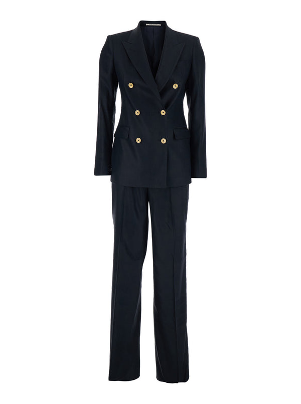 Double-Breasted Suit Linen-Blend Blue Trouser Suits