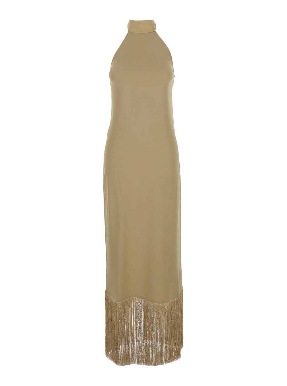 Long Dress Berlin Beige with High Collar and Applied Fringes on the Edges in Cady Crepe Women Acetate Viscose Elastane