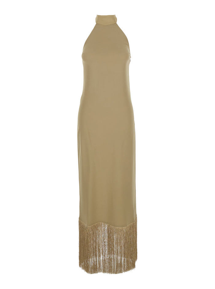 Long Dress Berlin Beige with High Collar and Applied Fringes on the Edges in Cady Crepe Women Acetate Viscose Elastane