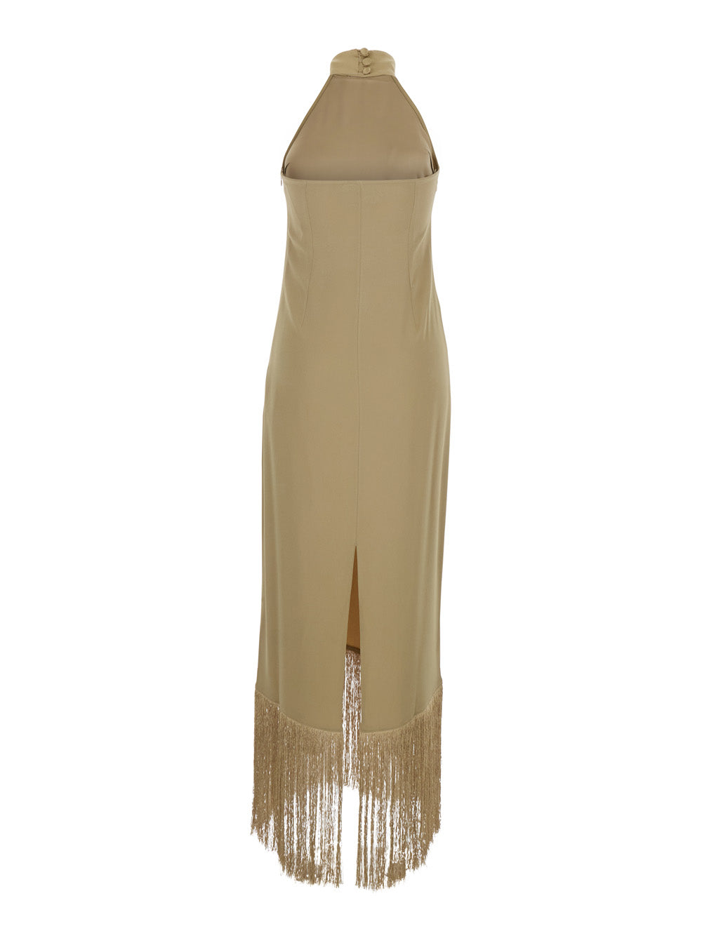 Long Dress Berlin Beige with High Collar and Applied Fringes on the Edges in Cady Crepe Women Acetate Viscose Elastane