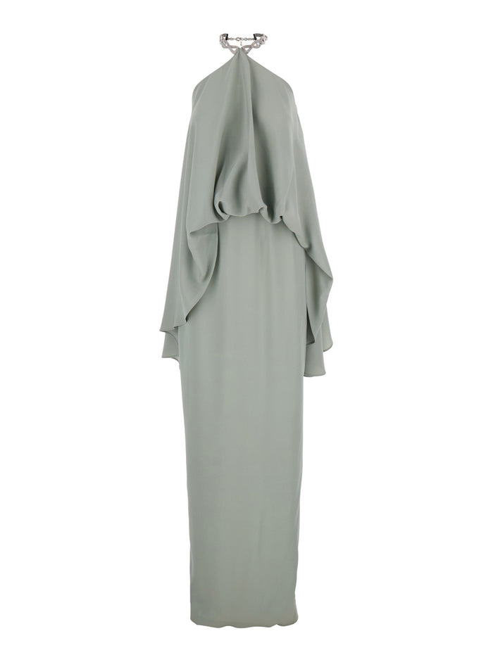 Long Dress Cyclades With Crystal Choker On The Neck Faded Green Cady Crepe For Women Acetate Viscose