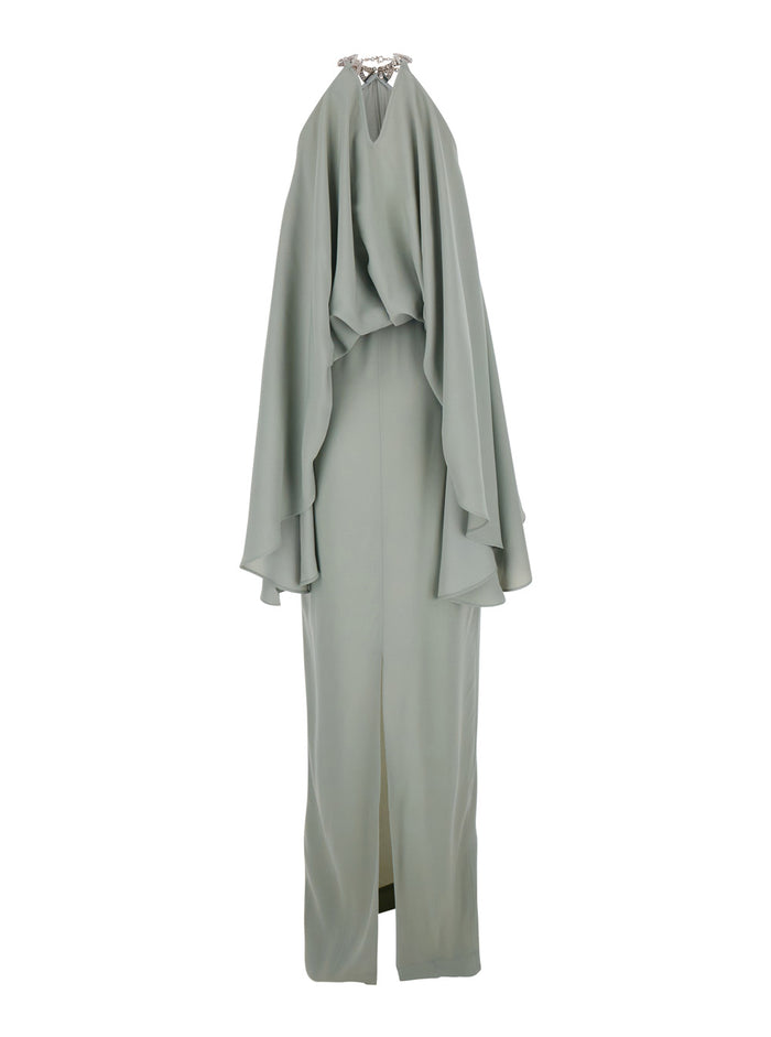 Long Dress Cyclades With Crystal Choker On The Neck Faded Green Cady Crepe For Women Acetate Viscose