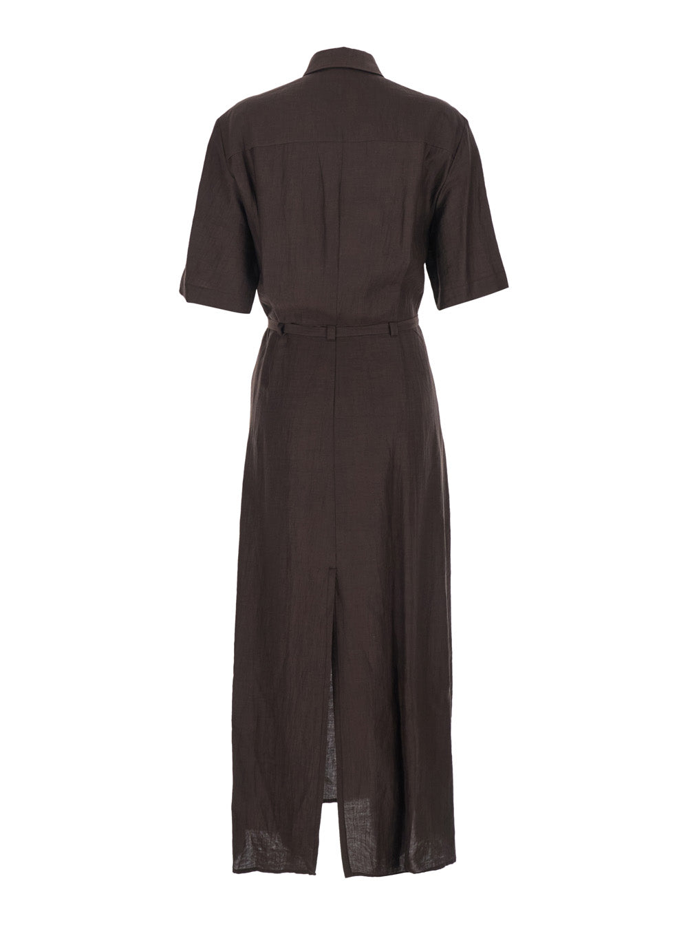 Long Dress with Classic Collar and Waist Belt in Brown Linen Blend for Women Viscose Polyamide
