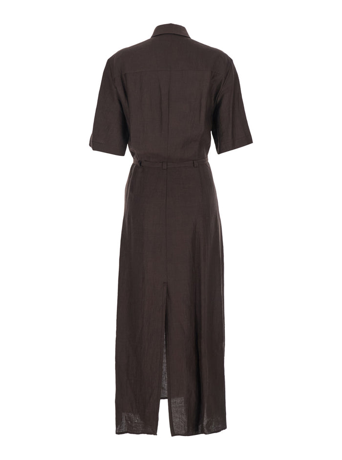 Long Dress with Classic Collar and Waist Belt in Brown Linen Blend for Women Viscose Polyamide