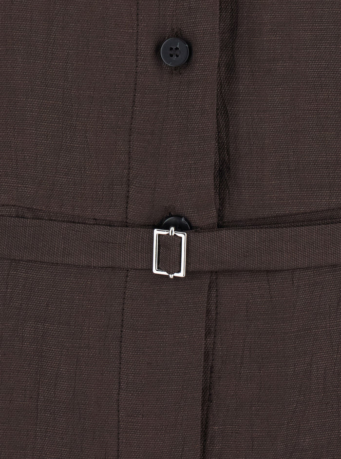Long Dress with Classic Collar and Waist Belt in Brown Linen Blend for Women Viscose Polyamide