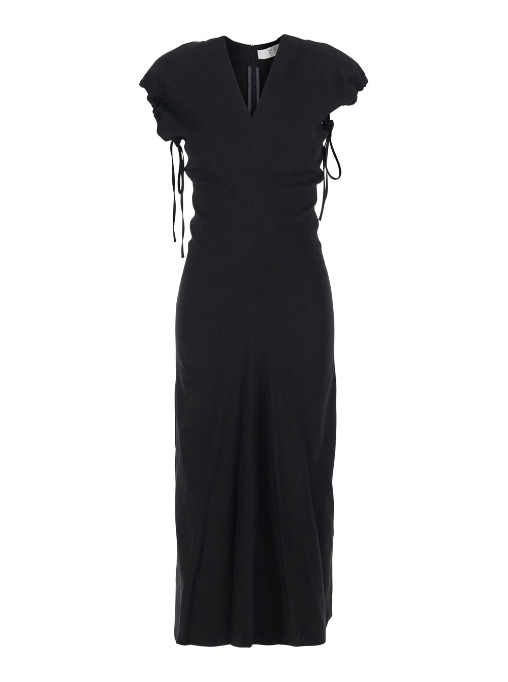 Long Dress Black with V-Neck and Side Draping in Linen Blend for Women Viscose Elastane