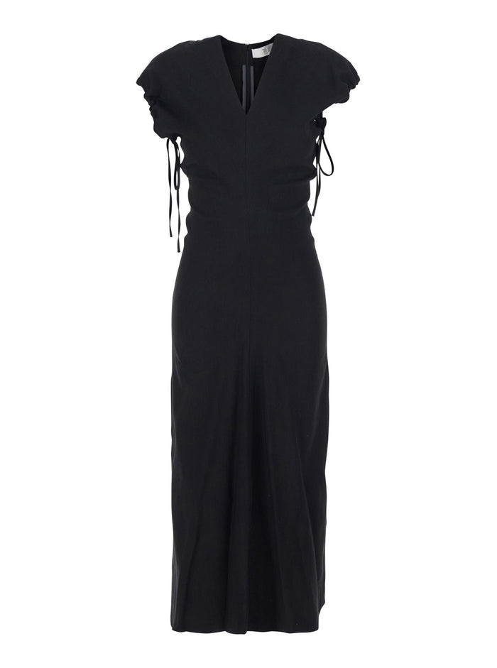 Long Dress Black with V-Neck and Side Draping in Linen Blend for Women Viscose Elastane