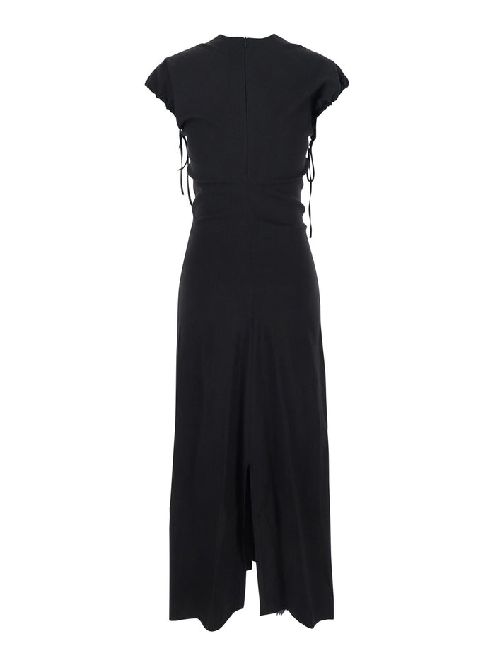 Long Dress Black with V-Neck and Side Draping in Linen Blend for Women Viscose Elastane
