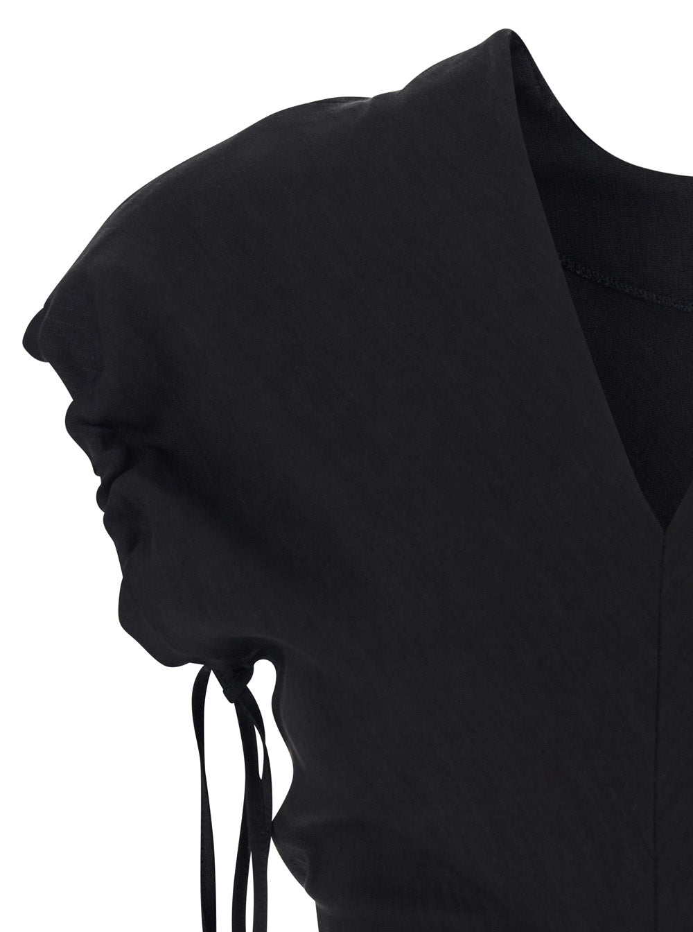 Long Dress Black with V-Neck and Side Draping in Linen Blend for Women Viscose Elastane