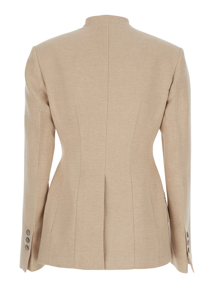 Double-breasted jacket with V-neck in linen and cotton blend beige women Blazers