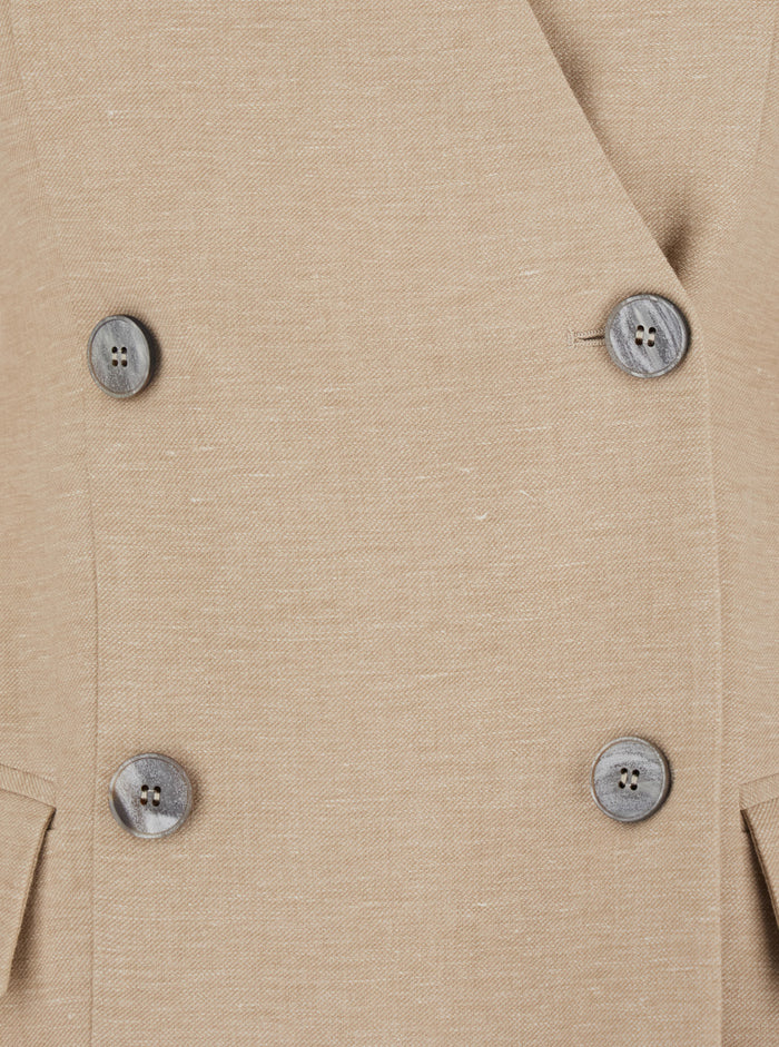 Double-breasted jacket with V-neck in linen and cotton blend beige women Blazers