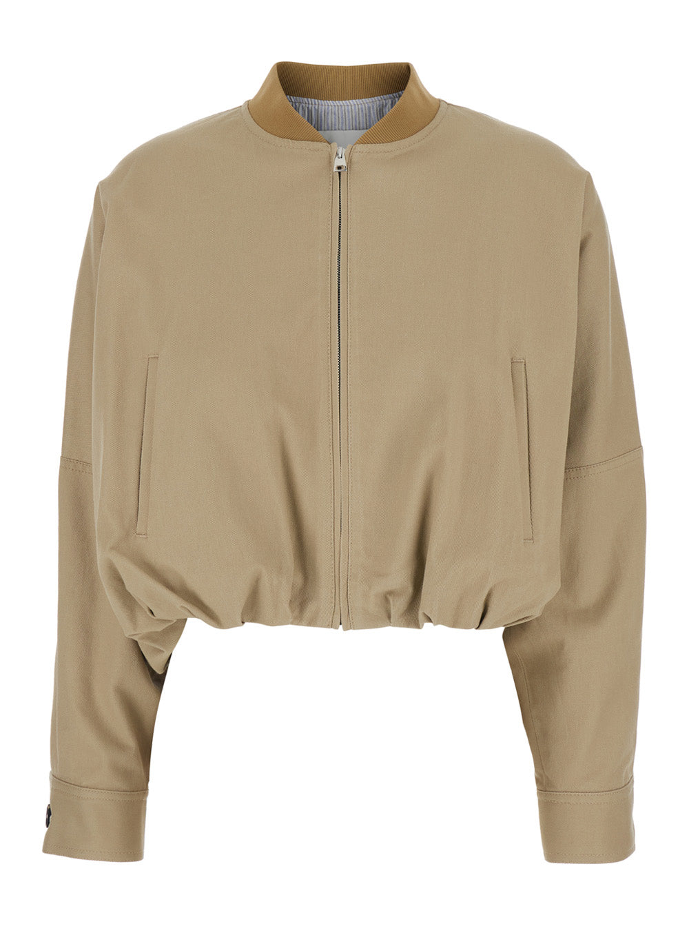 Beige Bomber Jacket with High Collar in Cotton for Women Elastane Outerwear