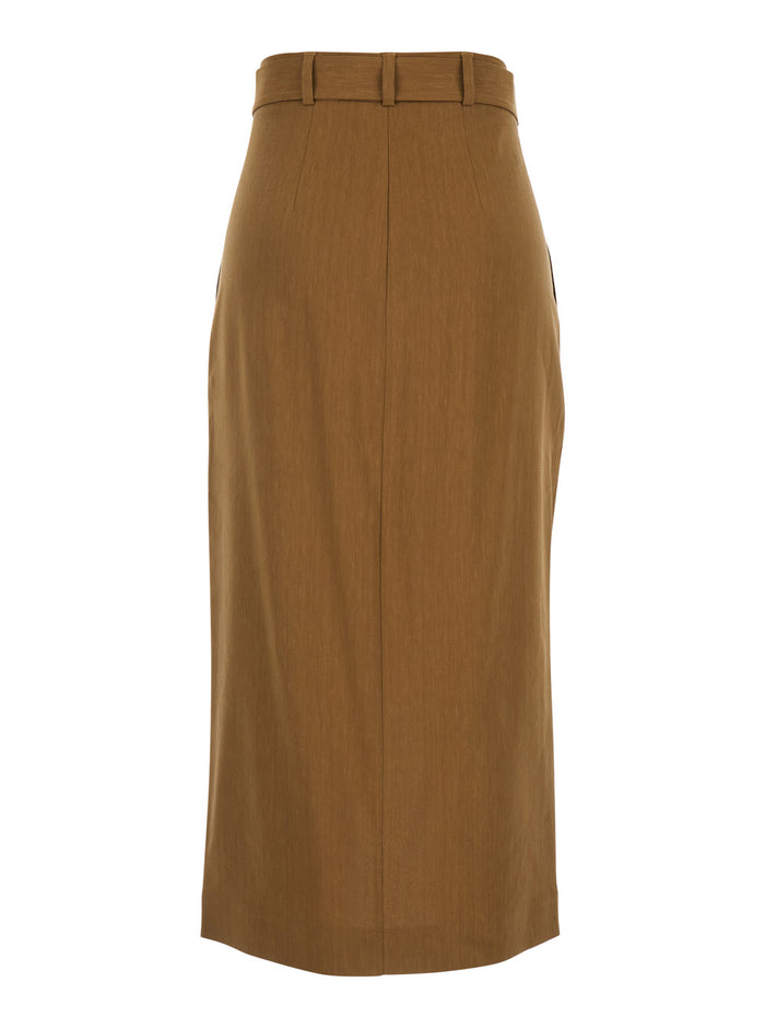 Brown Skirt with Belt and Front Vent in Linen Blend for Women Viscose Elastane