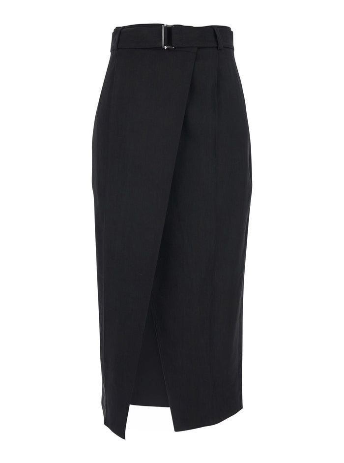 Skirt with belt and front slit in black linen blend for women Viscose Elastane