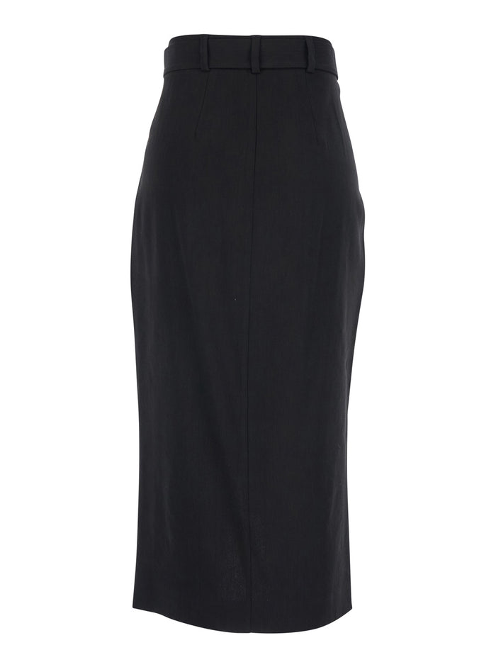 Skirt with belt and front slit in black linen blend for women Viscose Elastane