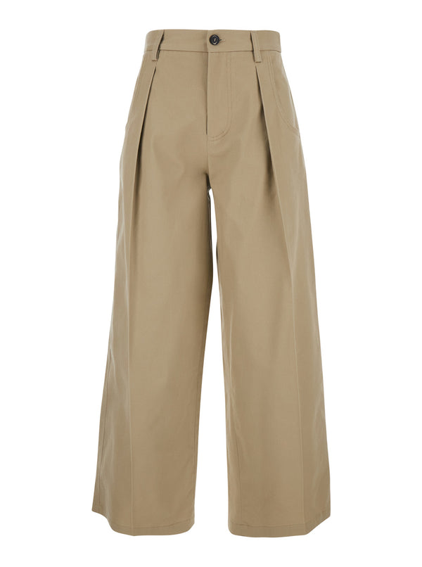 Trousers Front-Pleated Beige Cotton