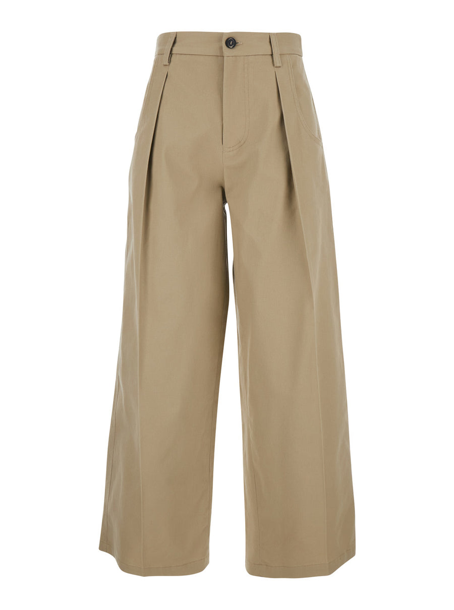 Trousers Front-Pleated Beige Cotton