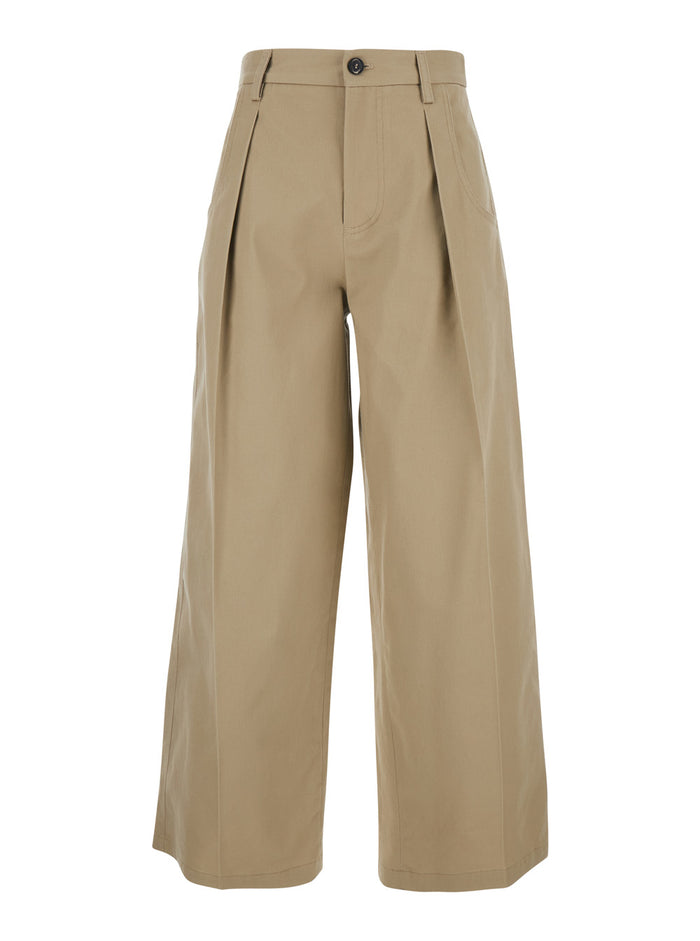 Beige Cotton Front Pleated Trousers for Women Elastane