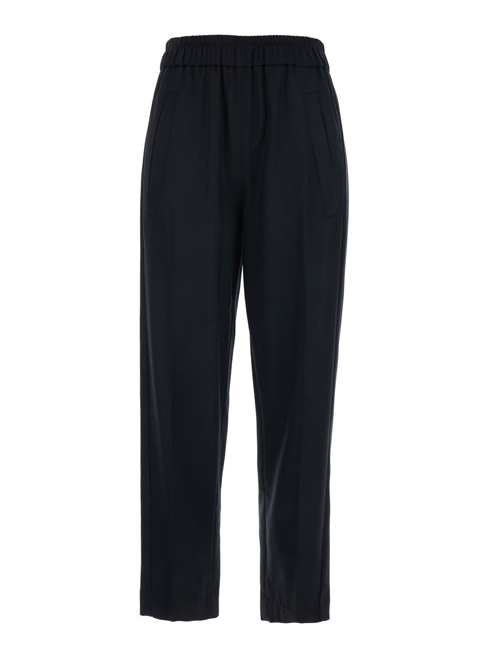 Black Tech Fabric Pants with Elastic Waist for Women Viscose Virgin Wool Elastane Trousers
