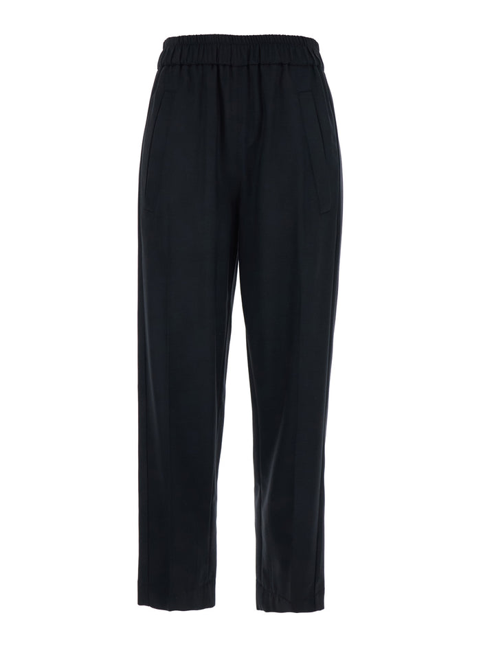 Black Tech Fabric Pants with Elastic Waist for Women Viscose Virgin Wool Elastane Trousers