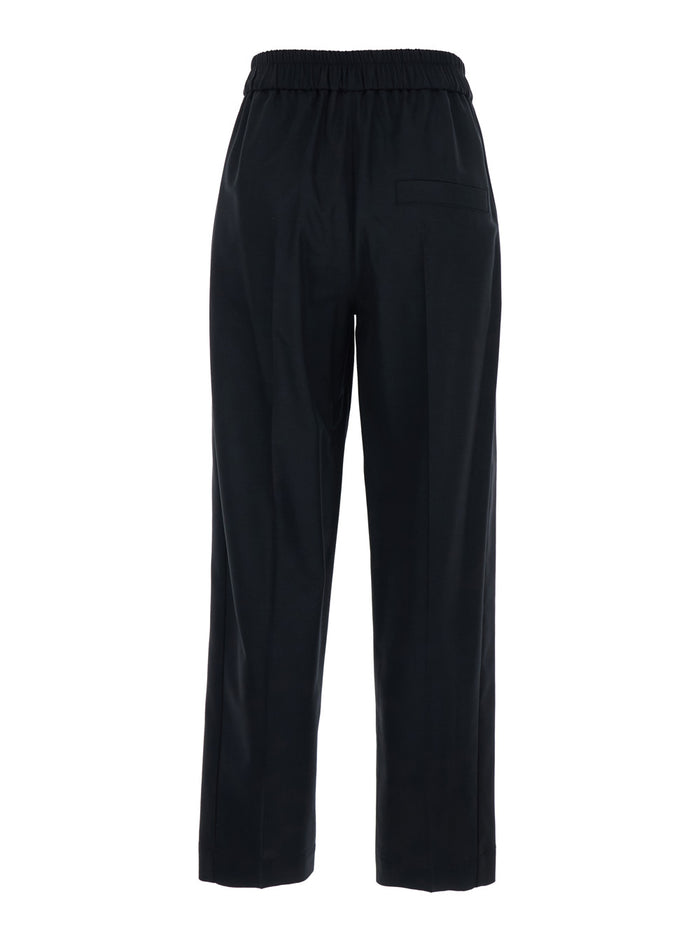 Black Tech Fabric Pants with Elastic Waist for Women Viscose Virgin Wool Elastane Trousers