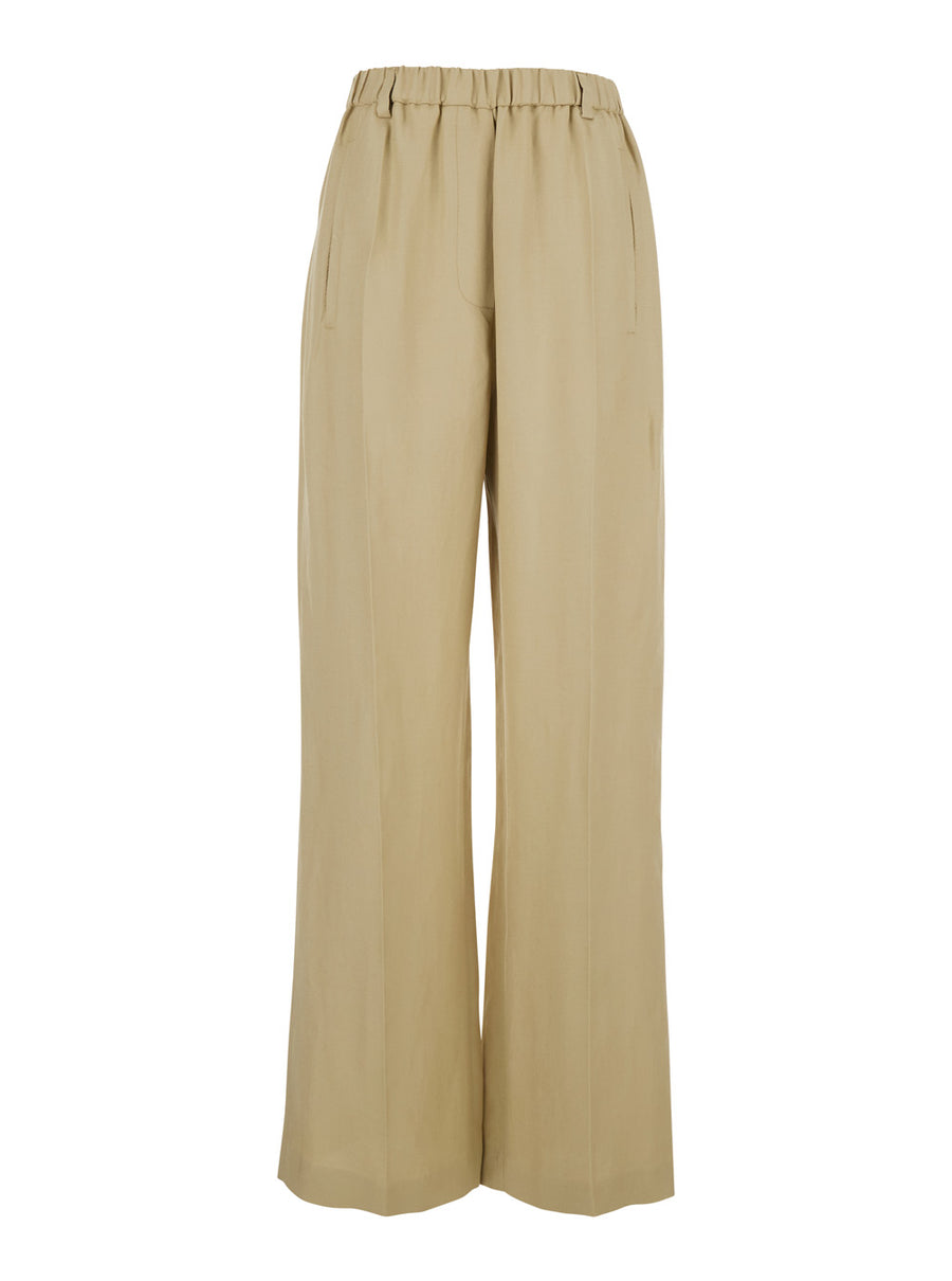 Pants With Elastic Waist, Beige Linen Blend Viscose Trousers