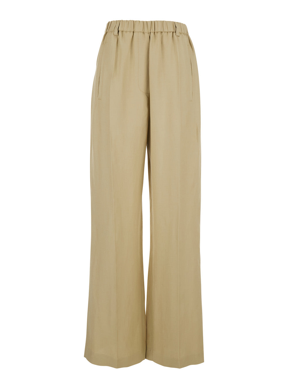 Beige Pants with Elastic Waist in Linen Blend for Women Viscose Trousers