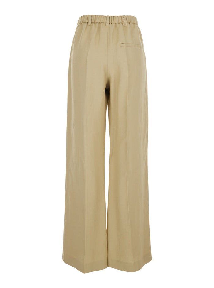 Beige Pants with Elastic Waist in Linen Blend for Women Viscose Trousers