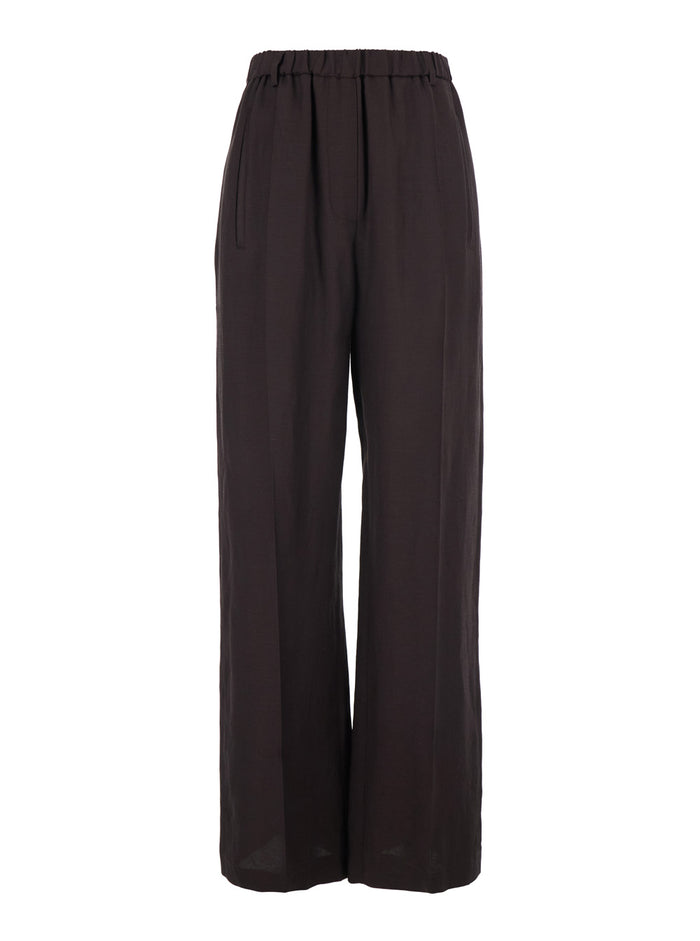 Brown Linen Blend Elasticated Waist Pants for Women Viscose Trousers